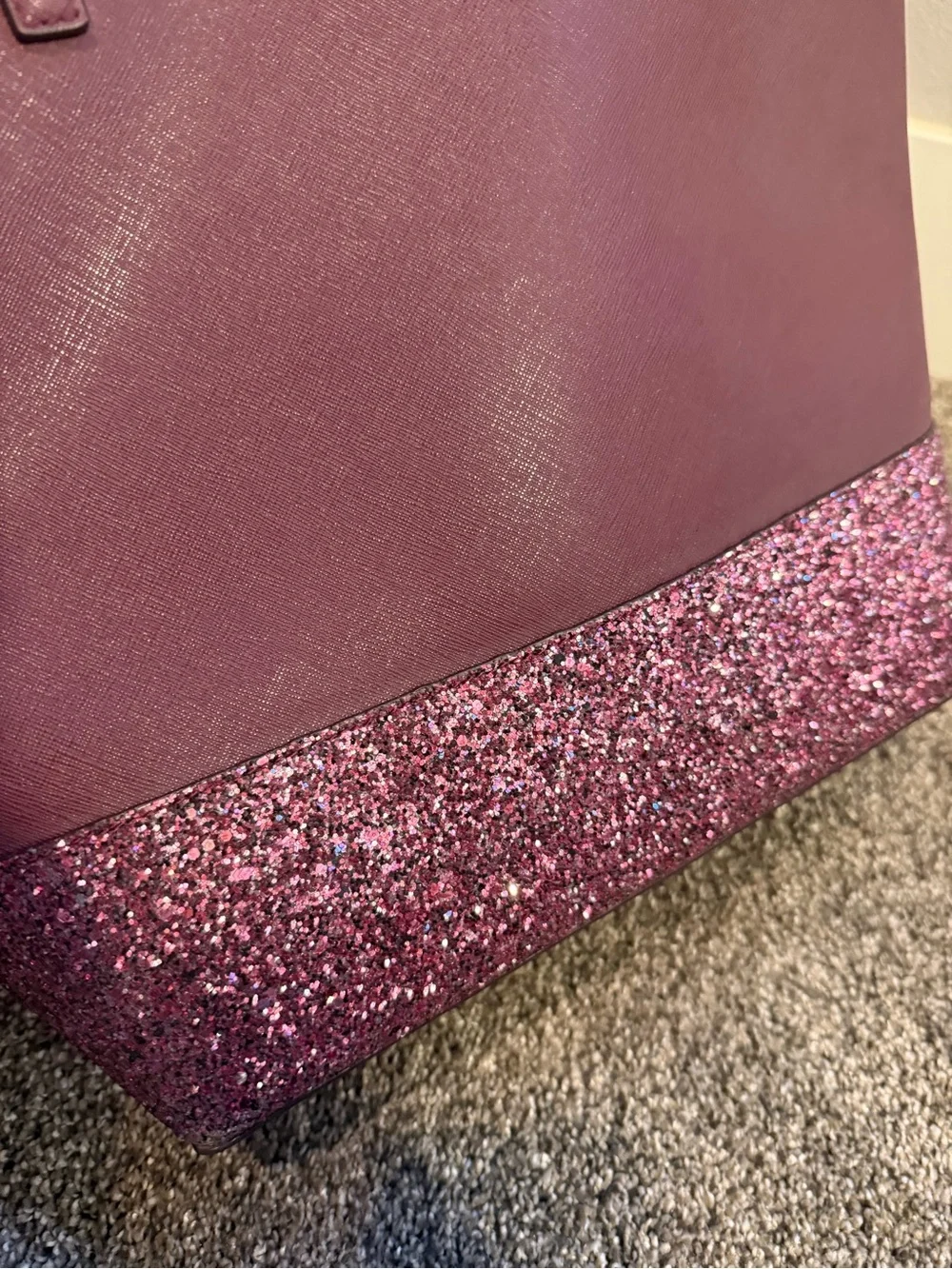 kate spade burgundy tote with pink glitter base